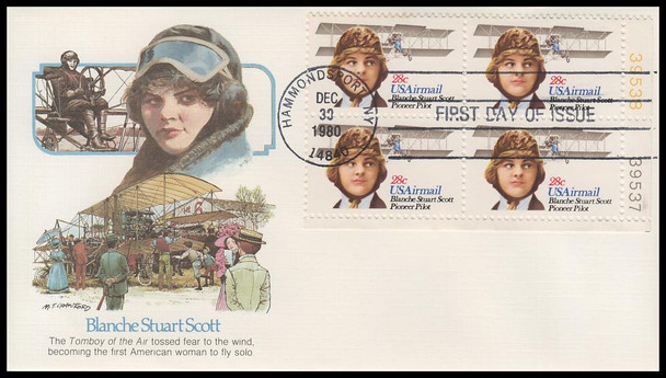 C99 / 28c Blanche Stuart Scott : Airmail 1980 Plate Block Fleetwood First Day Cover