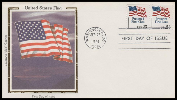 2605 / 23c Flag Presorted First-Class Coil Pair 1991 Colorano Silk First Day Cover