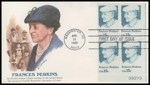 1821 / 15c Frances Perkins 1980 Plate Block Fleetwood First Day Cover