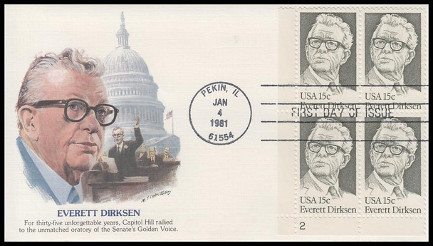 1874 / 15c Everett Dirksen 1981 Plate Block Fleetwood First Day Cover