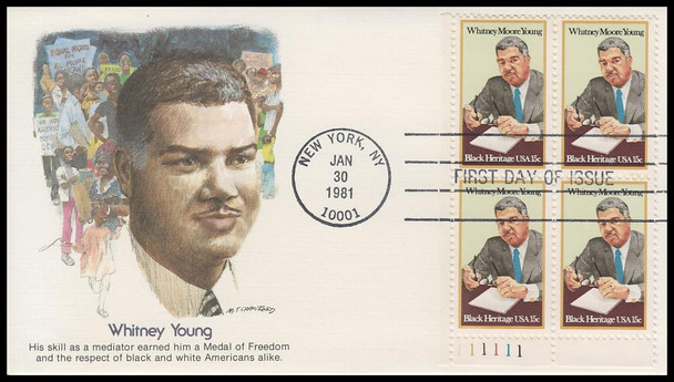 1875 / 15c Whitney Moore Young : Black Heritage 1981 Plate Block Fleetwood First Day Cover
