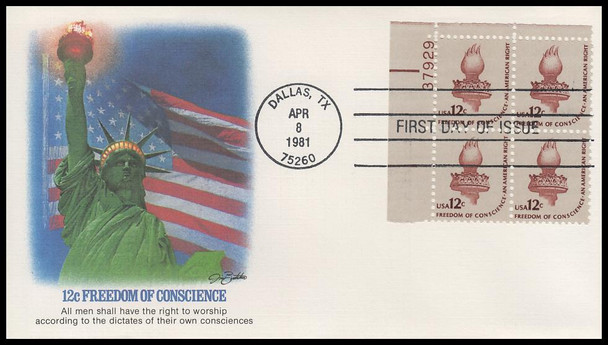 1594 / 12c Statue of Liberty Torch 1981 Plate Block Fleetwood First Day Cover