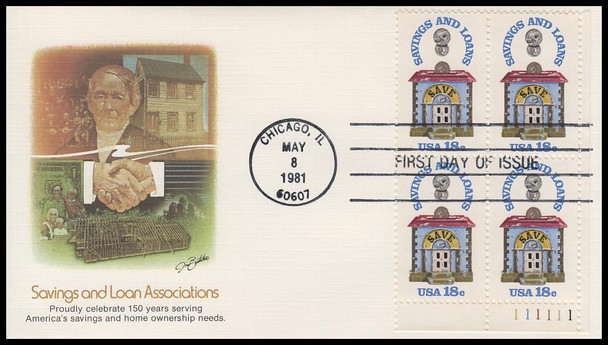 1911 / 18c Savings and Loan 1981 Plate Block Fleetwood First Day Cover
