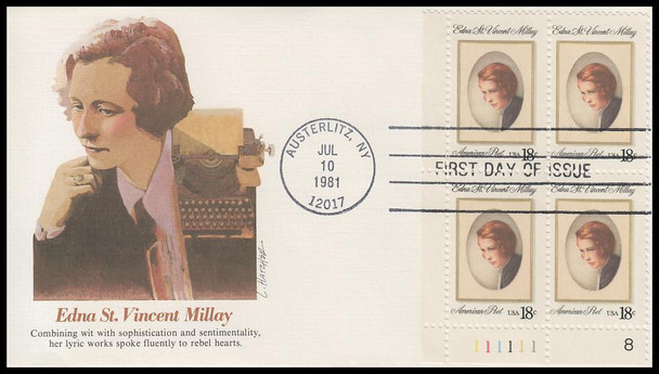 1926 / 18c Edna St. Vincent Millay 1981 Plate Block Fleetwood First Day Cover