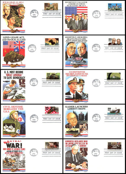 2559a - j / 1941 : " A World at War " Set of 10 : World War II / WWII Series 1991 Fleetwood FDCs