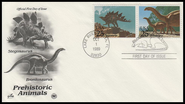 2422 - 2425 / 25c Prehistoric Animals / Dinosaurs 1989 Set of 2 Artcraft / PCS First Day Cover