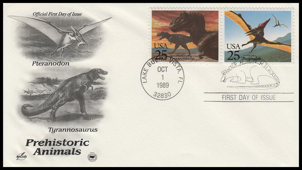 2422 - 2425 / 25c Prehistoric Animals / Dinosaurs 1989 Set of 2 Artcraft / PCS First Day Cover