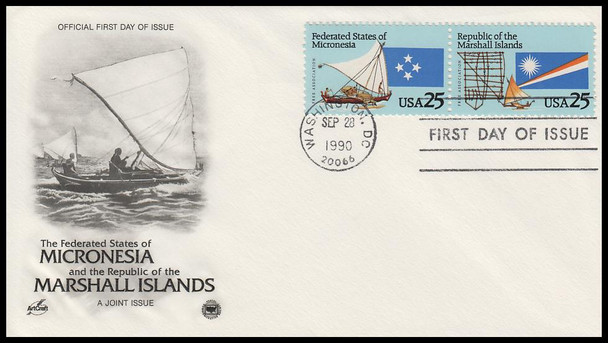 2507a / 25c Federated States of Micronesia and Marshall Islands Se-Tenant Pair 1990 Artcraft / PCS First Day Cover