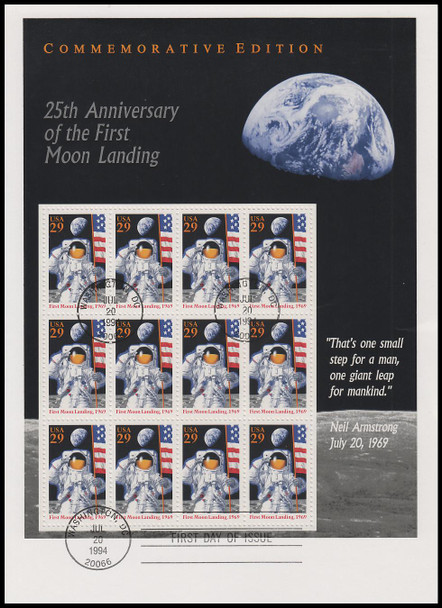 2841 / 29c Moon Landing Pane 1994 USPS Uncacheted First Day Cover