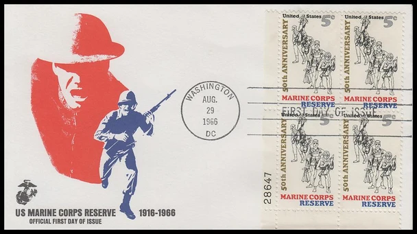 1315 / 5c Marine Corp Reserve 1966 Plate Block Gray, Hooven-Nahm First Day Cover