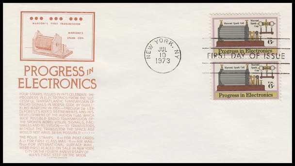 1500 / 6c Marconi's Spark Coil and Gap : Progress In Electronics 1973 Anderson First Day Cover
