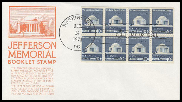 1510c / 10c Jefferson Memorial Booklet Pane 1973 Anderson First Day Cover