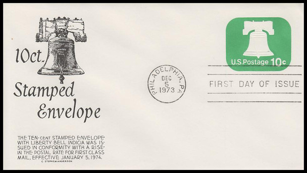 U567 / 10c Liberty Bell Stamped Envelope 1973 Anderson First Day Cover