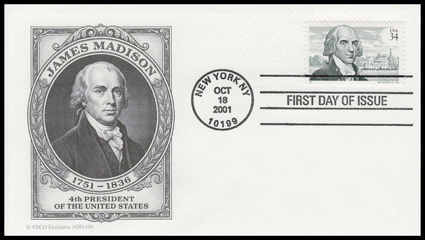 3545 / 34c James Madison 2001 FDCO Exclusive Add-On First Day Cover