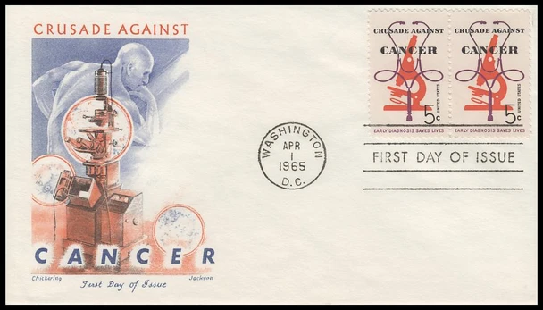 1263 / 5c Crusade Against Cancer Pair 1965 Chickering / Jackson First Day Cover