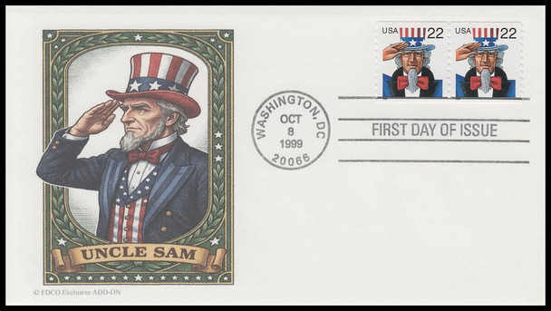 3353 / 22c Uncle Sam Coil Pair 1999 FDCO Exclusive Add-On First Day Cover