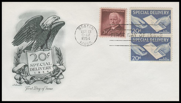 E20 / 20c Hands and Letter : Special Delivery Pair 1954 Artmaster First Day Cover