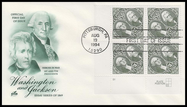 2592 / $5 1869 Essay : Washington and Jackson Plate Block  Artcraft 1994 FDC