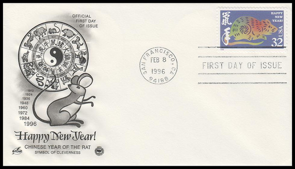 3060 / 32c Year of the Rat : Chinese New Year 1996 Artcraft / PCS First Day Cover