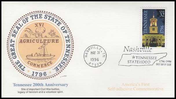 3071 / 32c Tennessee Statehood Bicentennial ( America's 1st Self-Adhesive Commemorative Stamp ) 1996 Fleetwood FDC