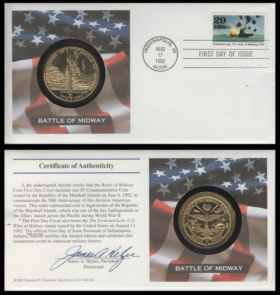 2697g / 29c Battle Of Midway 1992 Fleetwood FDC with $5 Marshall Island Gold Tone Coin (Some Stains Throughout, SEE IMAGES)