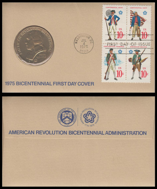 1568a / 10c Military Uniforms Se-Tenant Block 1975 with Brass Medallion Cachet Dept. of the Treasury FDC
