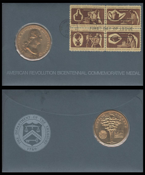 1459a / 8c Colonial American Craftsmen Se-Tenant Block 1972 with Brass Medallion Cachet Dept. of the Treasury FDC