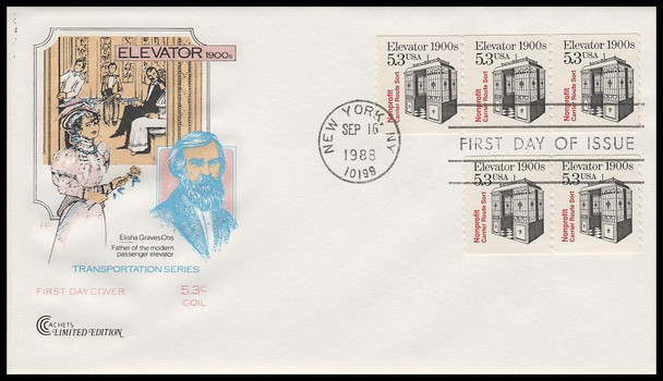 2254 / 5.3c Elevator 1900s Coil Strips 1988 Cover Craft Cachets FDC With Insert Card (Limited Edition of Only 350 Made)
