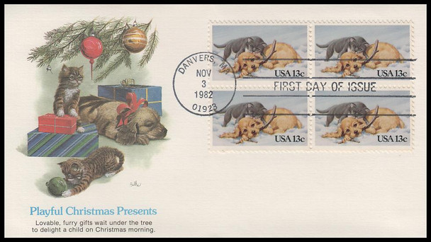 2025 / 13c Kitten & Puppy : Christmas Block 1982 Fleetwood First Day Cover