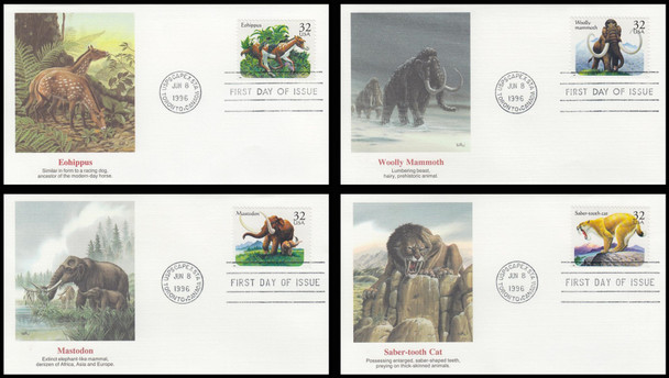3077 - 3080 / 32c Prehistoric Animals Set of 4 Fleetwood 1996 First Day Covers