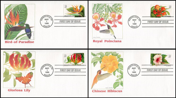 3310 - 3313 / 33c Tropical Flowers Set of 4 Fleetwood 1999 First Day Covers