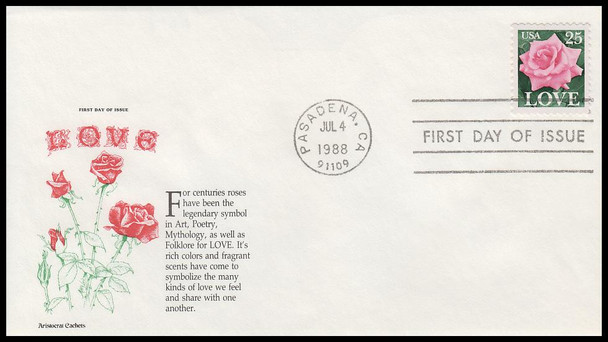 2378 / 25c Pink Rose Love 1988 Aristocrat Cachets First Day Cover