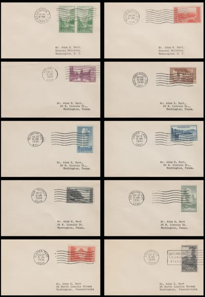 0740 - 0749 / 1c - 10c National Parks 1934 Set of 10 Adam K. Bert Mini Uncacheted First Day Covers