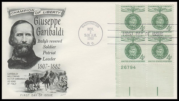 1168 / 4c Giuseppe Garibaldi 1960 Plate Block Fleetwood First Day Cover