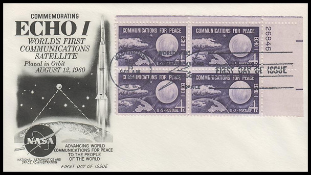 1173 / 4c Echo 1 Satellite 1960 Plate Block Fleetwood First Day Cover