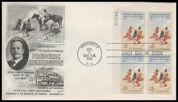 1187 / 4c Frederic Remington 1960 Plate Block with Insert Card Fleetwood First Day Cover