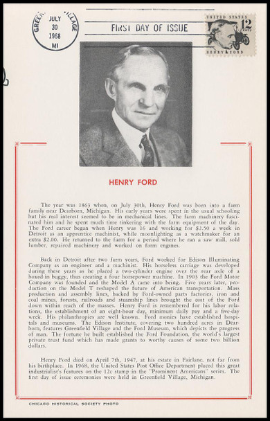 1286a / 12c Henry Ford 1968 Hammond Maxicard First Day Of Issue