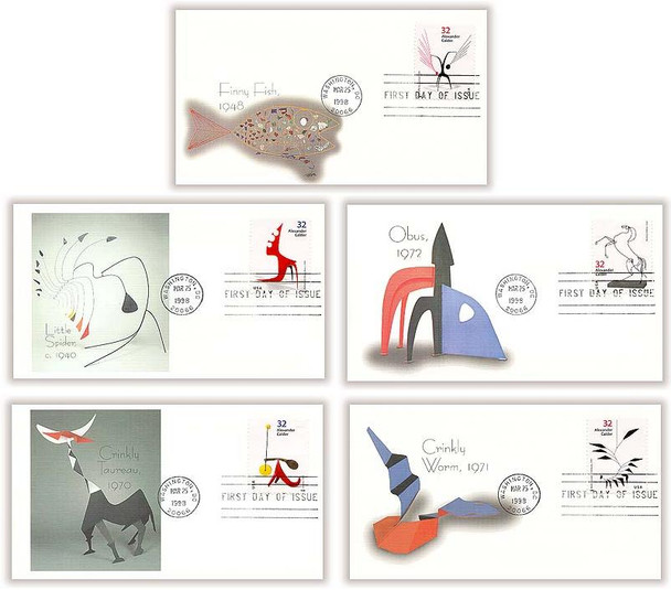 3198 - 3202 / 32c Alexander Calder, Sculptor Set of 5 Fleetwood 1998 FDCs