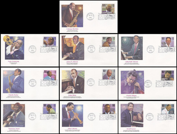 2983 - 2992 / 32c Jazz Musicians : American Music Series Set of 10 Fleetwood 1995 First Day Covers