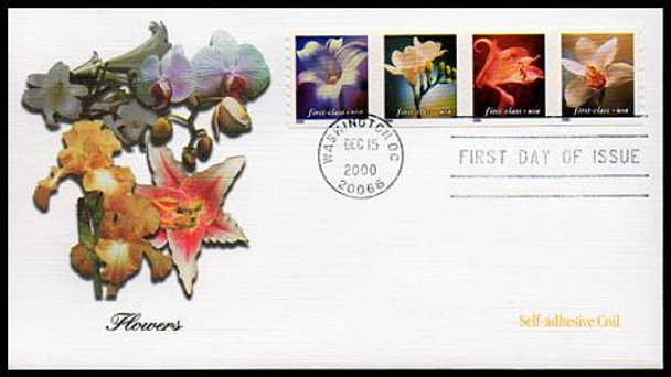 3462 - 3465 Flowers Non-Denominated 34c Self-adhesive Coil Strip of 4 Fleetwood 2000 FDC