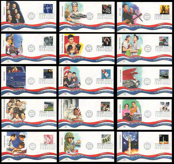 3187a-o / 33c Celebrate The Century ( CTC ) 1950s Set of 15 Fleetwood 1999 FDCs