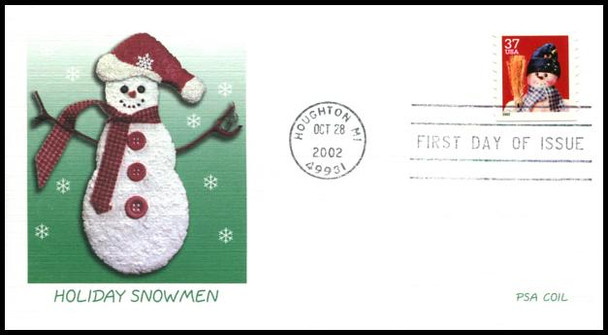 3680 - 3683 / 37c Snowman Linerless PSA Coil Set of 4 with PNC # G1111 Fleetwood 2002 First Day Covers