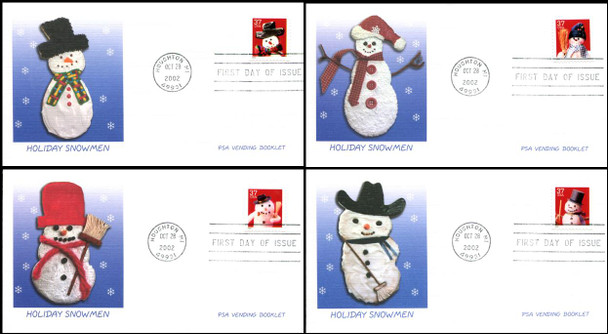 3688 - 3691 / 37c Snowmen PSA Vending Booklet Singles Set of 4 Fleetwood 2002 First Day Covers