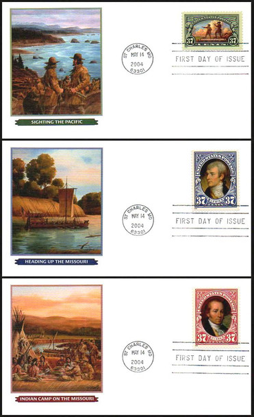 3854 - 3856 / 37c Lewis and Clark Expedition Bicentennial St. Charles, MO Postmark Set of 3 Fleetwood 2004 FDCs