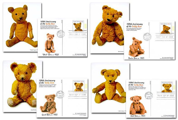 UX382 - UX385 / 23c Teddy Bears 100th Anniversary Set of 4 Fleetwood 2002 Postal Card First Day Covers