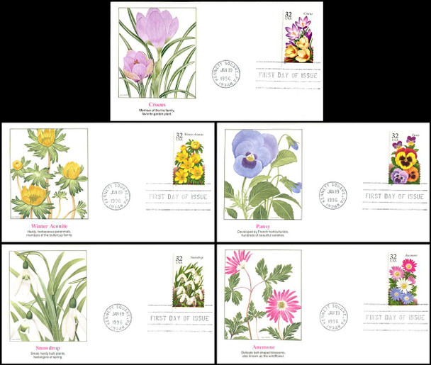 3025 - 3029 / 32c Winter Garden Flowers Set of 5 Fleetwood 1996 FDCs