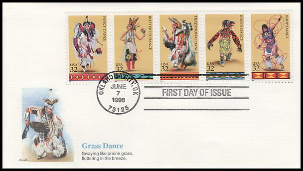 3076a / 32c Native American Indian Dances Se-Tenant Strip of 5 Fleetwood 1996 FDC