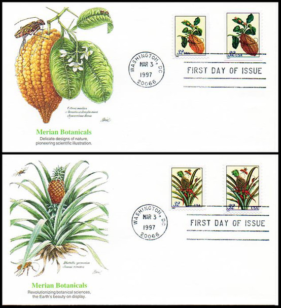 3126 - 3129 / 32c Merian Botanical Prints Booklet Single Combo Set of 2 Fleetwood 1997 FDCs