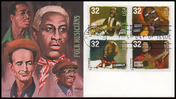 3215a / 32c Folk Musicians Variation #1 Block of 4 Fleetwood 1998 First Day Cover
