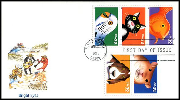 3234a / 32c Bright Eyes : Pets Strip of 5 Fleetwood 1998 FDC